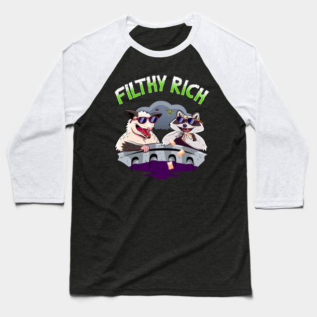 Funny Raccoon And Possum In Trash Garbage Filthy Rich Baseball T-Shirt by CrocoWulfo